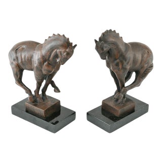 1960s Mid Century Painted Metal Galloping Horse on Granite Bookends - a Pair For Sale