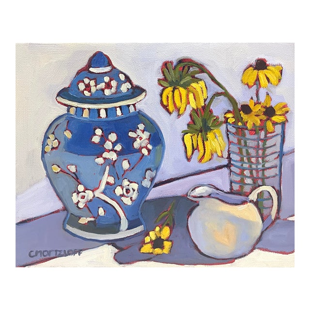 Blue Ginger Jar Still Life Painting With Flowers For Sale
