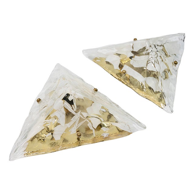 Italian Murano Glass and Brass Wall Light Sconces, 1980s, Set of 2 For Sale