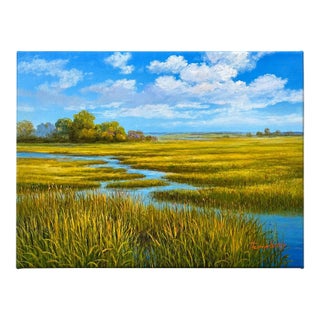 Coastal Winding Blue Marsh Golden Landscape Original Oil Painting by Humprey For Sale