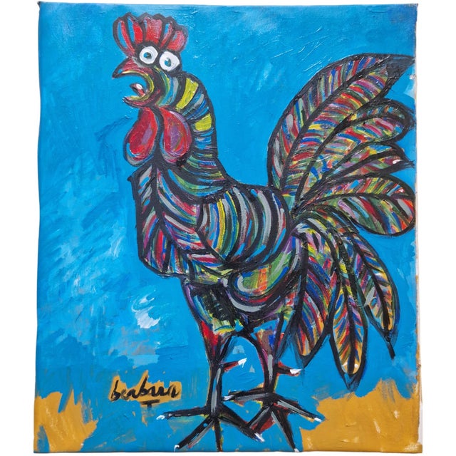 Acrylic on canvas depicting a vibrant stylized rooster rendered with bold black outlines and multicolored segmented...