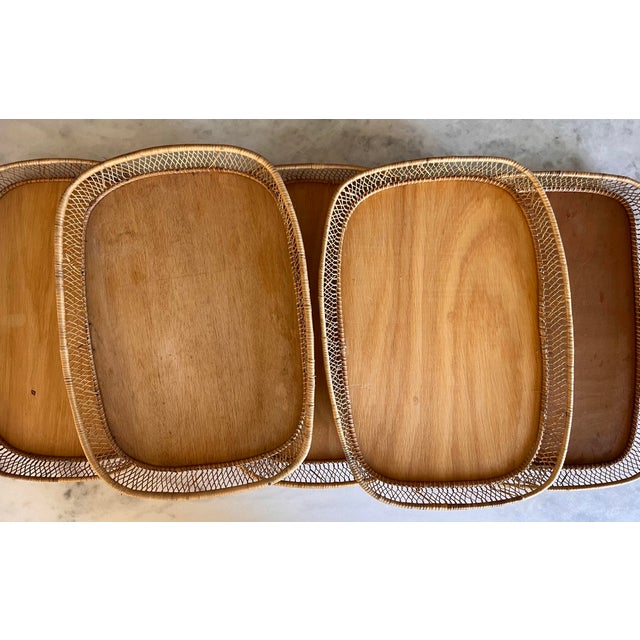 Wood Set of 5 Vintage Bamboo Serving Trays For Sale - Image 7 of 12