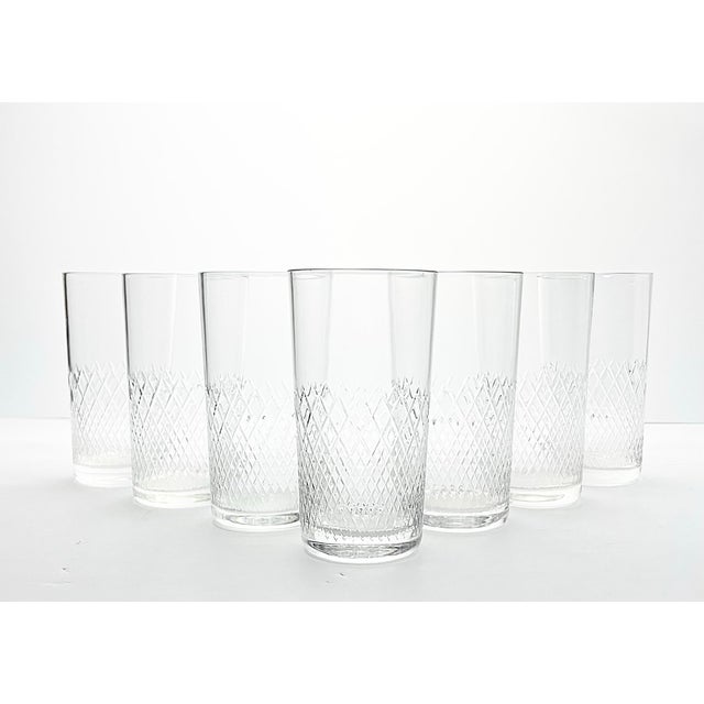1950s Vintage Mid-century 7 Highball Tumbler Glasses Criss-Cross X Fishnet Cuts Excellent condition. No chips, cracks, or...