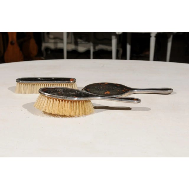 1900s English Edwardian Silver Dressing Table Mirror, Hair and Clothes Brushes - Set of 3 For Sale - Image 10 of 12