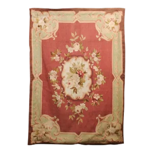 French 19th Century Red and Soft Green Aubusson Tapestry with Floral Décor