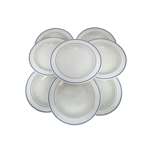 1970s 1970s Modern Alföldi Blue Band Alf5 Hungarian Porcelain Rimmed Soup Bowls, Set of 8 For Sale - Image 5 of 10