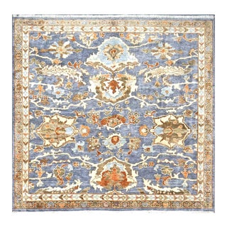 Indian Sultanabad Silk 6x6 Blue, Orange & Ivory Handmade Square Area Rugs #1143145 For Sale