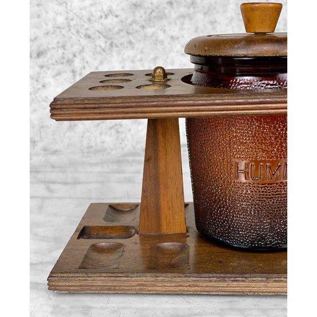 Vintage Traditional Walnut Estate Pipe Display Stand W/ Amber Glass