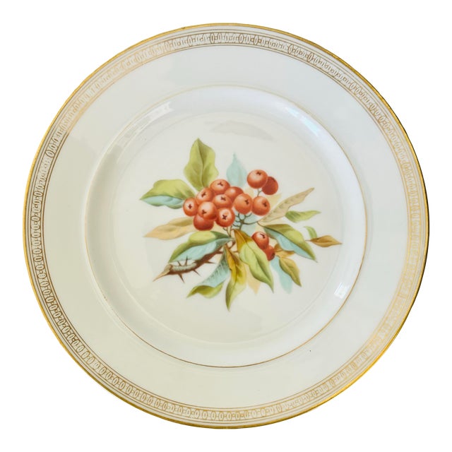 Antique Holly Berry and Leaves Decorative Plate With Ornate Gold Trim For Sale