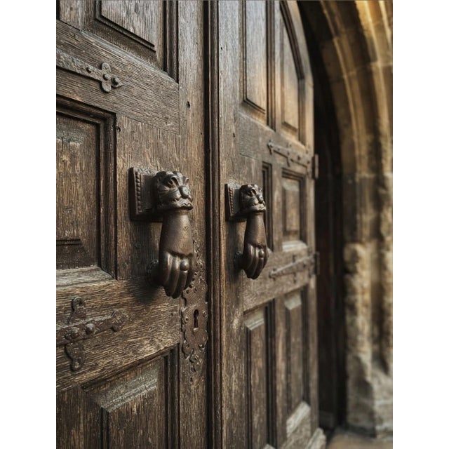 Burnt Umber Pair of Vintage Victorian-Style Cast Iron Hand Door Knockers For Sale - Image 8 of 12