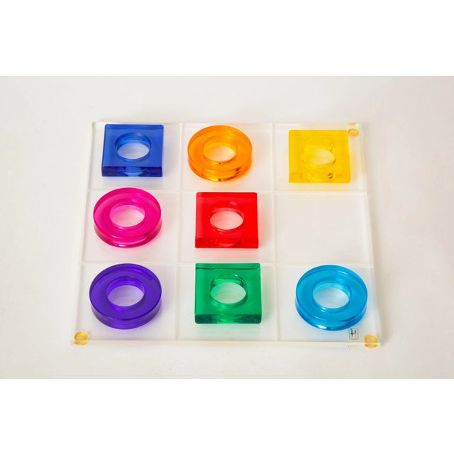 This fabulous never used Haziza vintage lucite tic tac toe game set set are beautiful jewel toned colors of orange,...