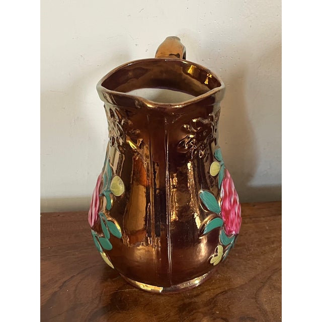 Antique 19th Century English Regency Staffordshire Copper Luster Pitcher With Relief Molded Pink Roses For Sale - Image 9 of 14