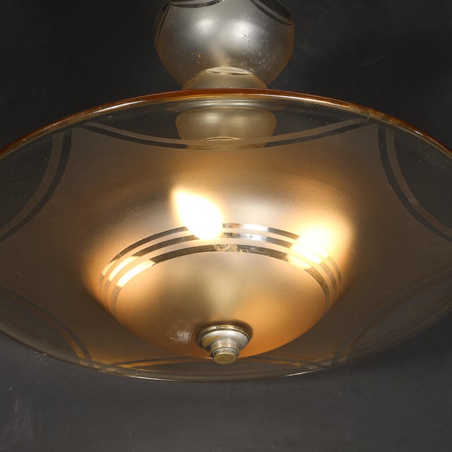 1930s Art Deco Signed Daum Frosted Rose-Hue Saucer-Form Pendant Chandelier For Sale - Image 11 of 18