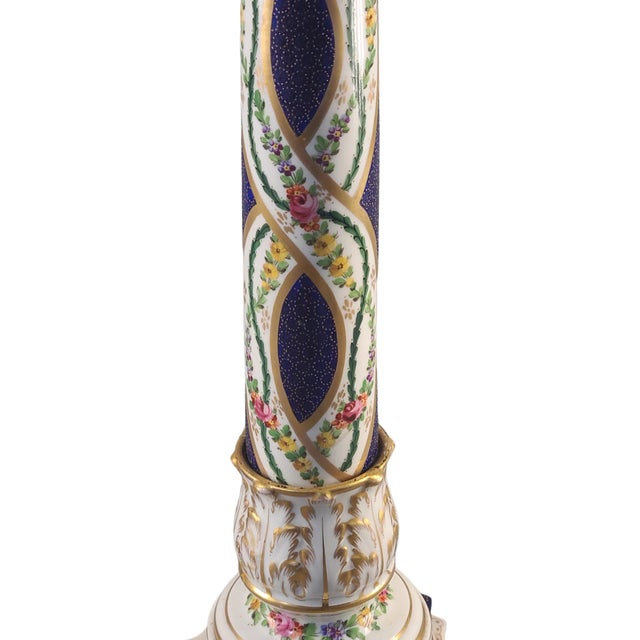 Vintage Dresden Neo-Classical Greek Column Painted Floral Gilded Claw Feet Lamp. Good condition, new wiring and double...
