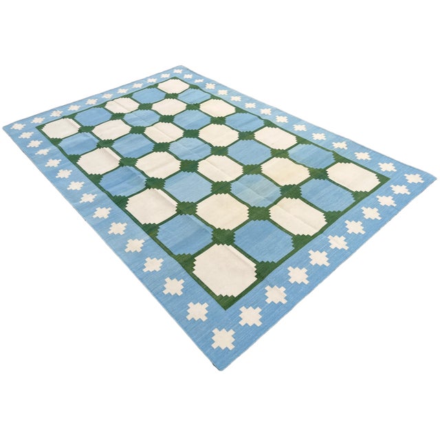 Mid-Century Modern Handmade Cotton Area Rug Vegetable Dyed Sky Blue and Green Vista Rug-8'x10' For Sale - Image 3 of 11