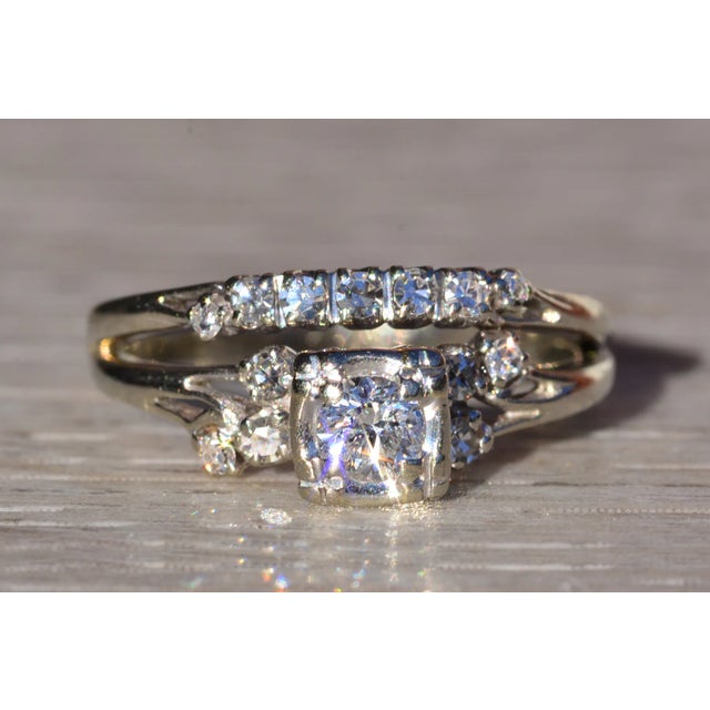 Silver The Etlan: Ladies 14K White Gold Engagement Ring with Attached Diamond Wedding Band For Sale - Image 8 of 10