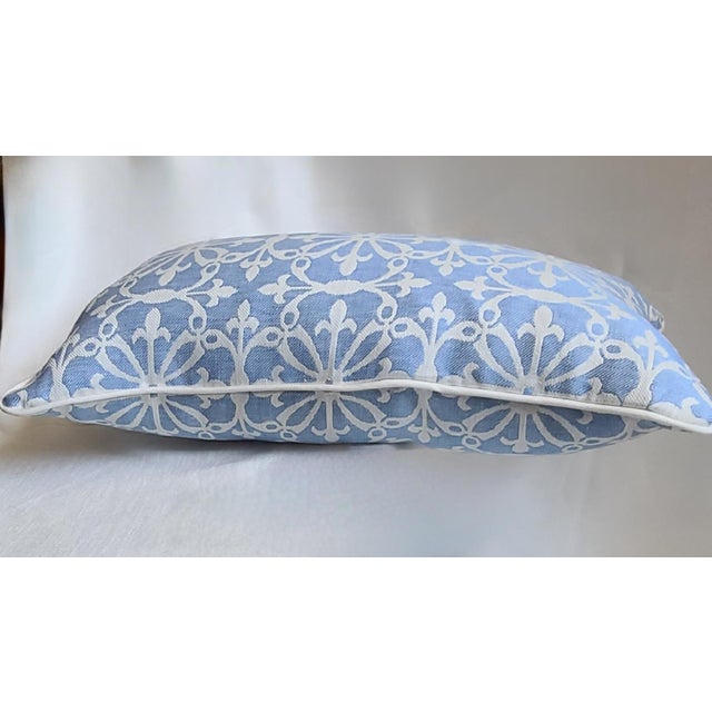 12”x21” pillow in a soft blue Holland & Sherry fabric with contrast piping and zipper Insert is an alternative down from...