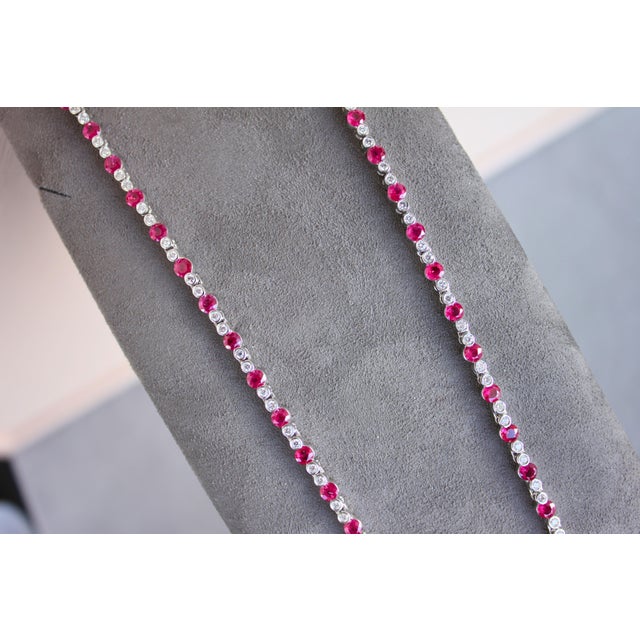 Ruby Diamond Bezel Set Tennis Line 14k White Gold Classic Set Unique Necklace For Sale - Image 13 of 14