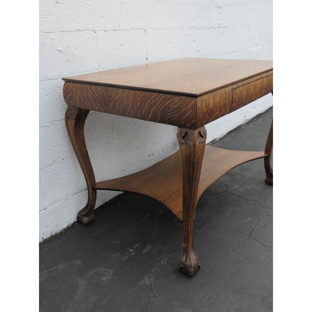Early 20th Century Early 1900s Ball and Claw Feet Tiger Oak Writing Office Desk Library Table 6410 For Sale - Image 5 of 17