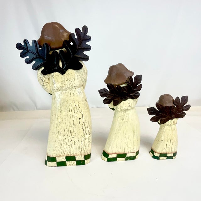 American 1980s Vintage Americana Fall Harvest Wood & Tole Angel Figurines - Set of 3, Thanksgiving. For Sale - Image 3 of 8