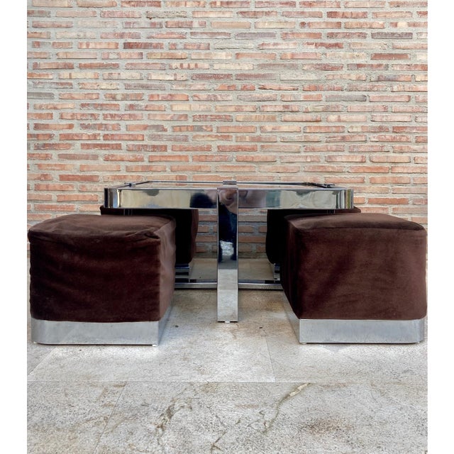 Mid-Century Modern Mid 20th Century Square Smoked Glass and Steel Coffee or Side Table with Four Nesting Stools, 197 For Sale - Image 3 of 18