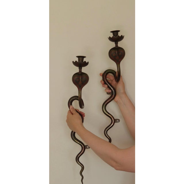 Egyptian Revival Engraved Brass Enameled Cobra Sconces, Set of 2 For Sale - Image 8 of 13