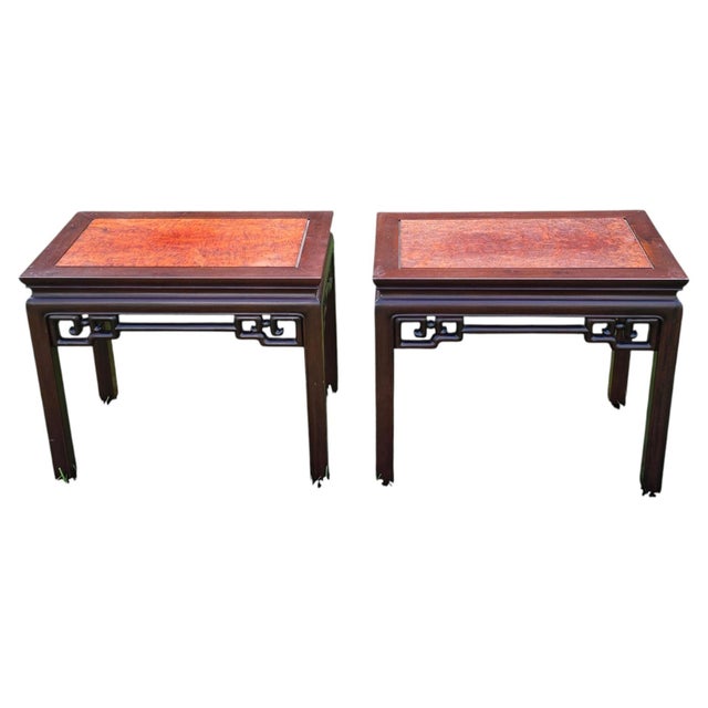 Wood Chinese Padauk and Burl Panel Side Tables, Pair, Labeled j.l. George & Co., Hong Kong For Sale - Image 7 of 14