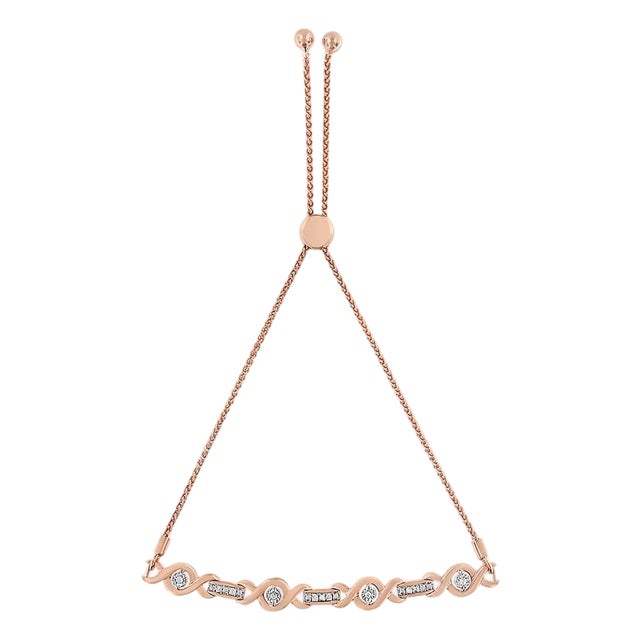 14K Rose Gold Plated .925 Sterling Silver Channel Set Diamond Accent Twist Adjustable Bolo Bracelet For Sale