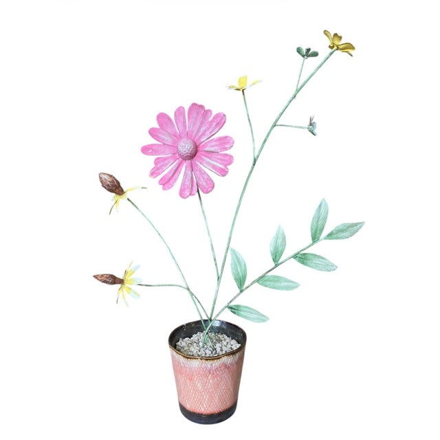 Italian Vintage Italian Hand-Painted Toleware Metal Flowers in Glazed Ceramic Pot For Sale - Image 3 of 11