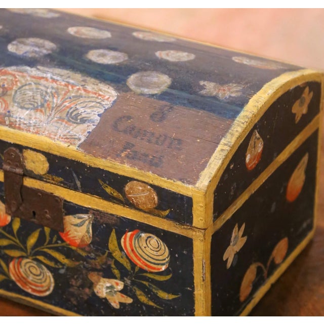18th Century French Normandy Carved & Painted "Coffre De Mariage" Wedding Trunk For Sale In Dallas - Image 6 of 12
