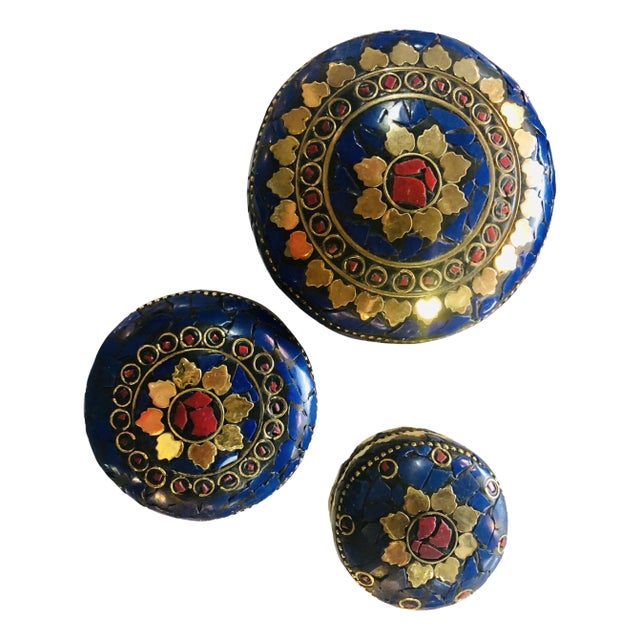 Vintage Handmade Round Shaped Natural Stones Boxes in Cobalt Blue & Gold, Set of 3 For Sale