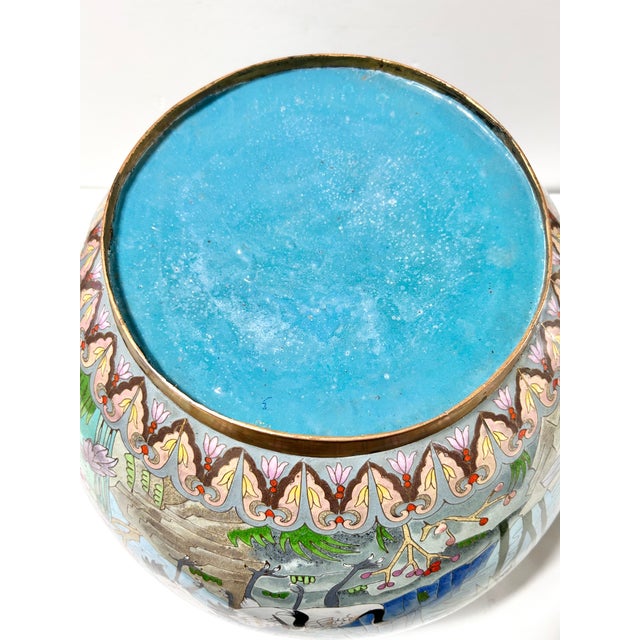 1960s Monumental Handcrafted Cloisonné Enamel Jardiniere With Cranes, Blossoms & Lion Head Handles For Sale - Image 11 of 18