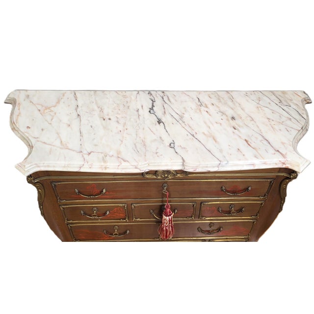 Brown Vintage French Style Japanese Tansu Painted Bronze & Marble Top Commode Dresser For Sale - Image 8 of 18