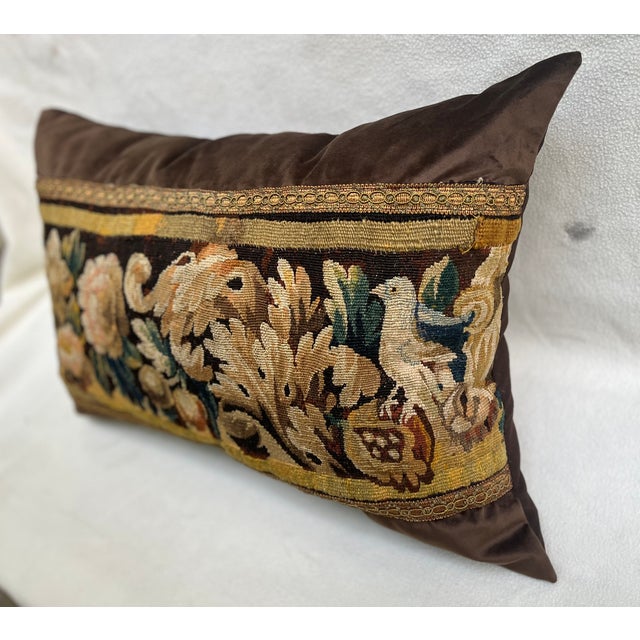 Pillow With Antique Tapestry and 2 Birds For Sale - Image 4 of 7