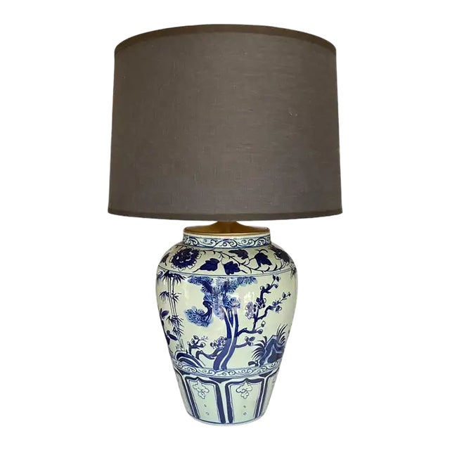 Spectacular early 20th Century classic oriental blue and white porcelain ginger jar converted table lamp in the style of...