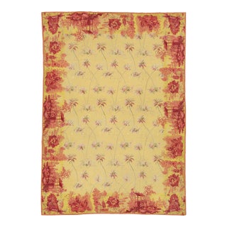 Vintage French Style Needlepoint Yellow Wool Rug With Chinoiserie Toile Border For Sale