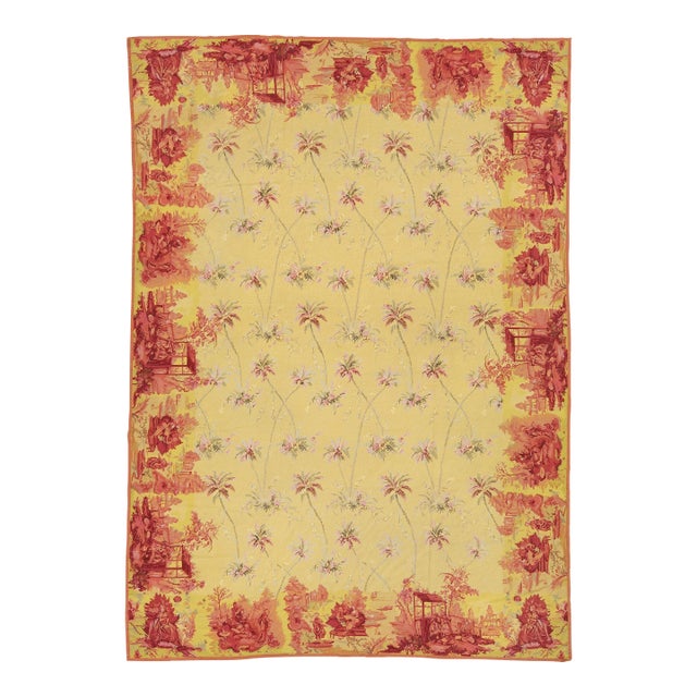 Vintage French Style Needlepoint Yellow Wool Rug With Chinoiserie Toile Border For Sale