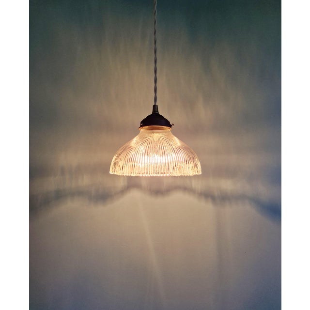 Copper Holophane Pendant Light in Clear Grooved Glass, 1920s For Sale - Image 8 of 10