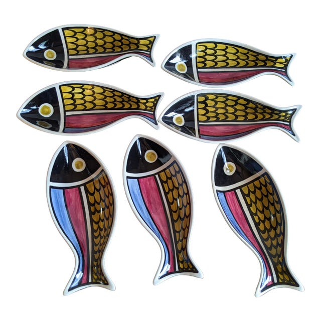 Vintage Color Blocked Swiss Ceramic Fish Snack Plates or Wall Art - Set of 7, Made in Switzerland For Sale