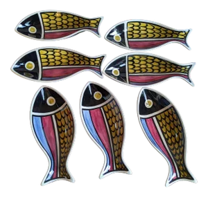 Vintage Color Blocked Swiss Ceramic Fish Snack Plates or Wall Art - Set of 7, Made in Switzerland