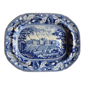 Large Antique Early 19th Century English George III Blue and White Transferware Meat Platter Depicting Lowther Castle Westmorland