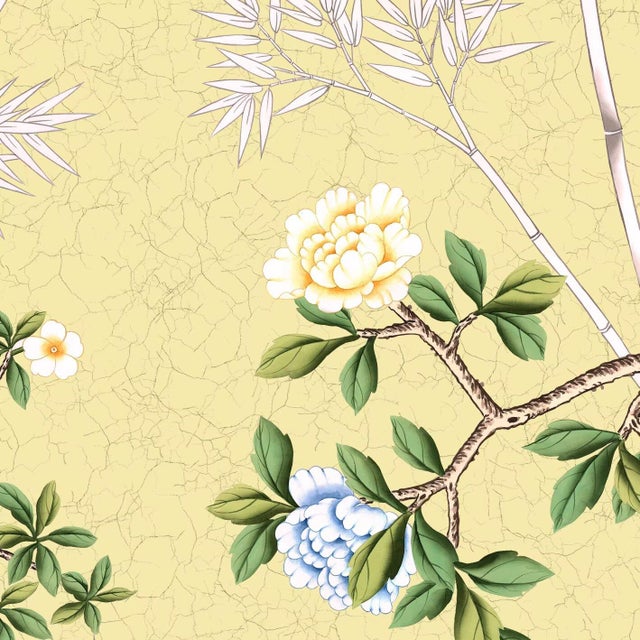 Chinese 36" * H100"/Panel * 5ps, Pale Yellow Floral and Bird Wallpaepr, Chinese-Style Floral and Bird Wallpaper Mural, 5 Panels For Sale - Image 3 of 6
