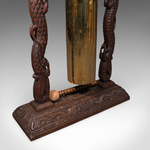 Large Vintage Alarm Gong, Oriental, Hardwood Chime Stand, Brass, Art Deco, 1930 For Sale - Image 11 of 12