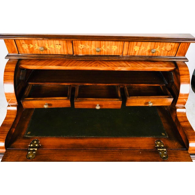 Wood 1970s Striking Italian Inlaid Tambour Secretary Desk / Petite Marquetry Writing Desk With Automatic Roll Top For Sale - Image 7 of 9