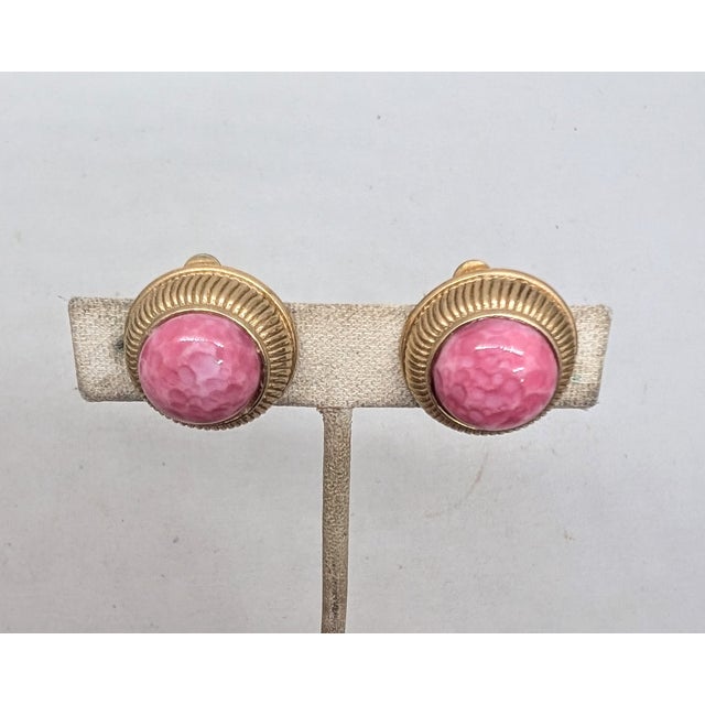 1950s Vintage 1950s Signed Nettie Rosenstein Round Goldtone Cabochon Faux-Coral Clip Earrings- 2 Pieces For Sale - Image 5 of 7