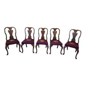 1930s Vintage Queen Ann Style Solid Walnut Dining Chairs With Imperial Purple Needlepoint Seats - Set of 5
