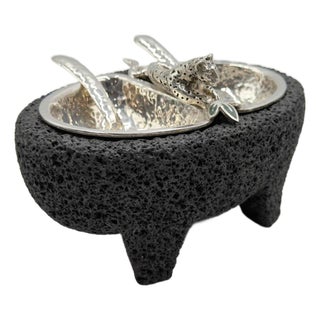 1980s Emilia Castillo Silverplate Molcajete With Jaguar & Matching Spoons, Mexico For Sale