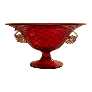 Vintage Ruby Red Murano Art Glass Footed Compote With Applied Grapes For Sale