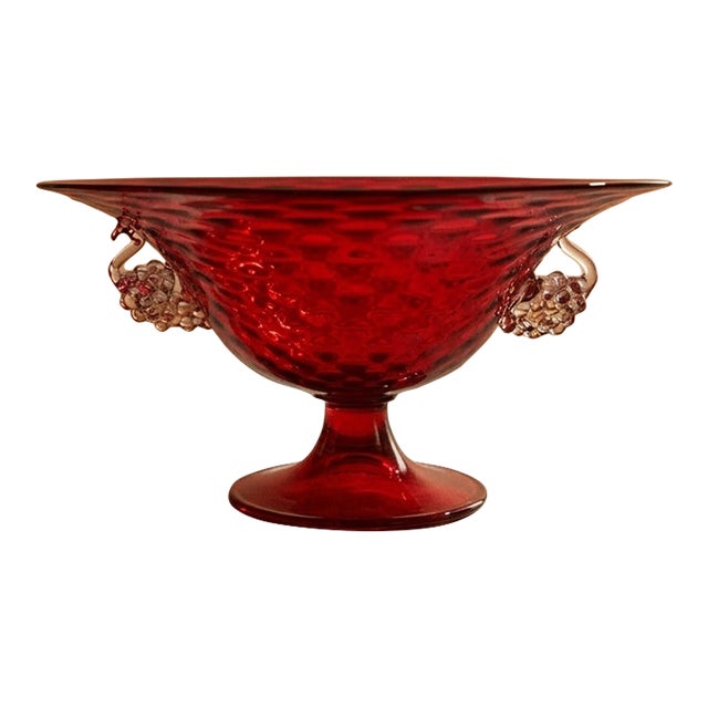 Vintage Ruby Red Murano Art Glass Footed Compote With Applied Grapes For Sale