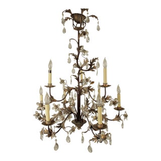 French Louis XV Style Gilt Metal Leaf Design 12 Light Chandelier With Prisms (A) For Sale
